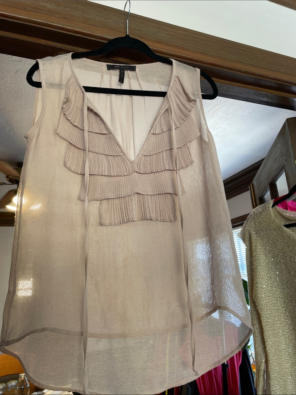 BCBG Vintage Dusty Pink/beige Sheer Ruffle V-Neck Blouse
